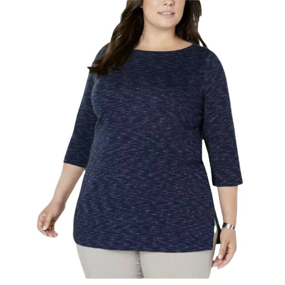 Karen Scott Navy Blue Space Dye Boatneck 3/4 Sleeve Knit Tunic Top